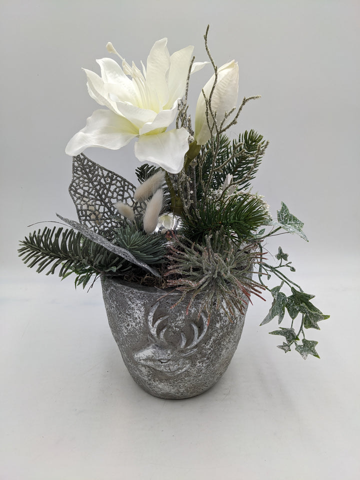 Weihnachtsgesteck Kugel Amaryllis Efeu weiß