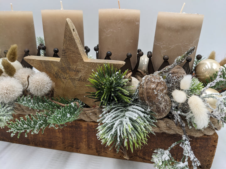 Adventsgesteck Kugel Stern Walnuss taupe