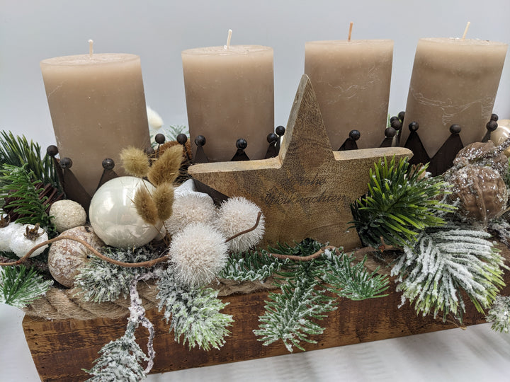 Adventsgesteck Kugel Stern Walnuss taupe