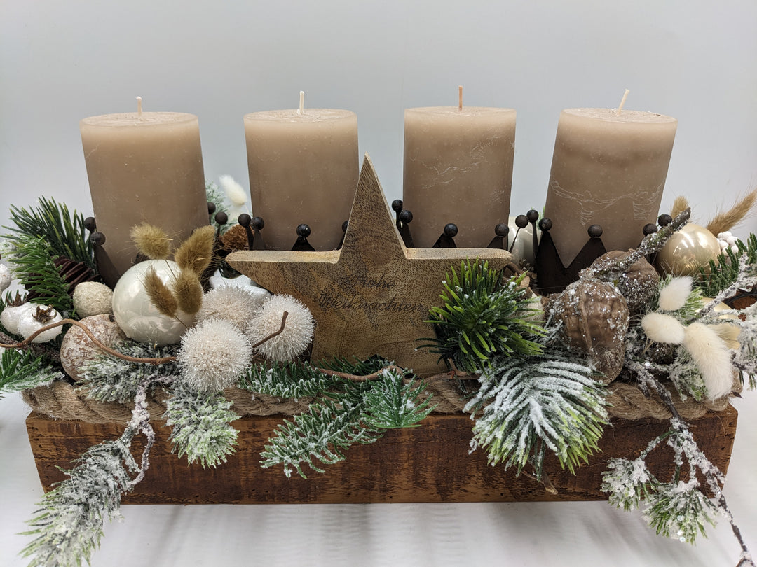 Adventsgesteck Kugel Stern Walnuss taupe