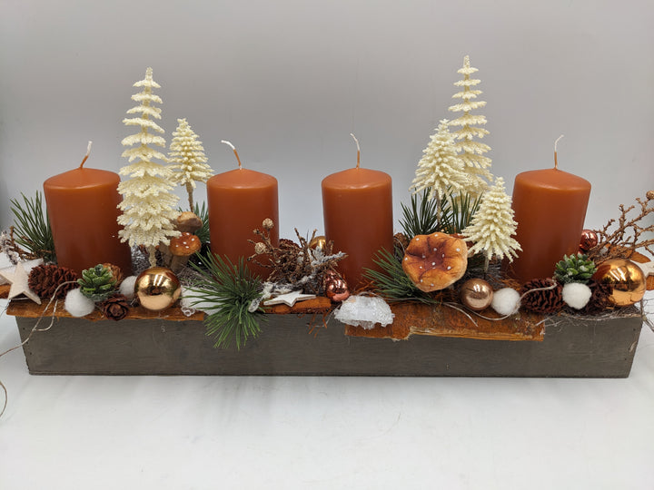 Adventsgesteck Kugel Pilz Stern orange