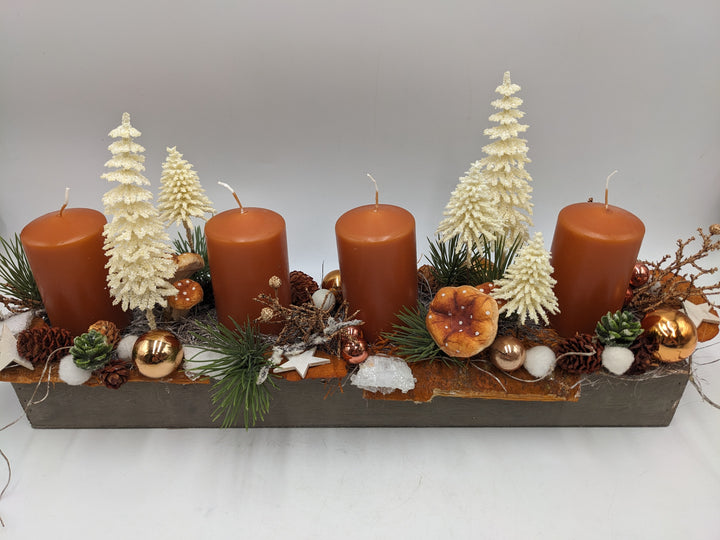 Adventsgesteck Kugel Pilz Stern orange