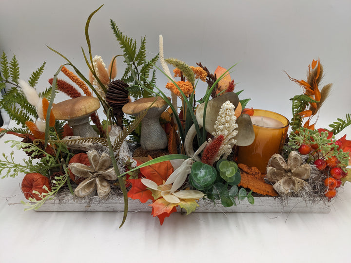 Herbstgesteck Teelicht Pilz Physalis orange