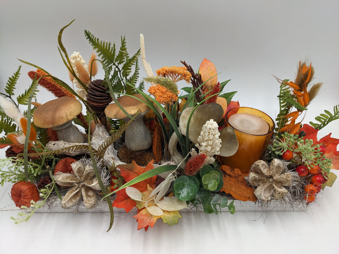 Herbstgesteck Teelicht Pilz Physalis orange