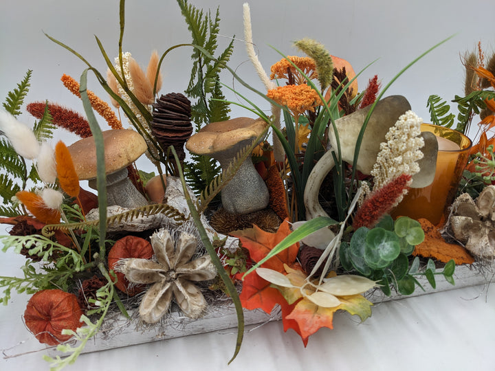 Herbstgesteck Teelicht Pilz Physalis orange