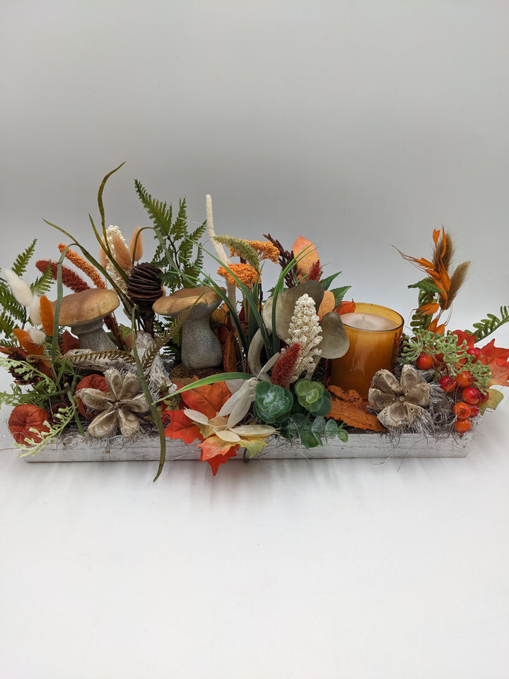 Herbstgesteck Teelicht Pilz Physalis orange
