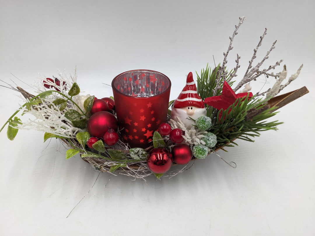 Weihnachtsgesteck Teelicht Kugel Stern rot