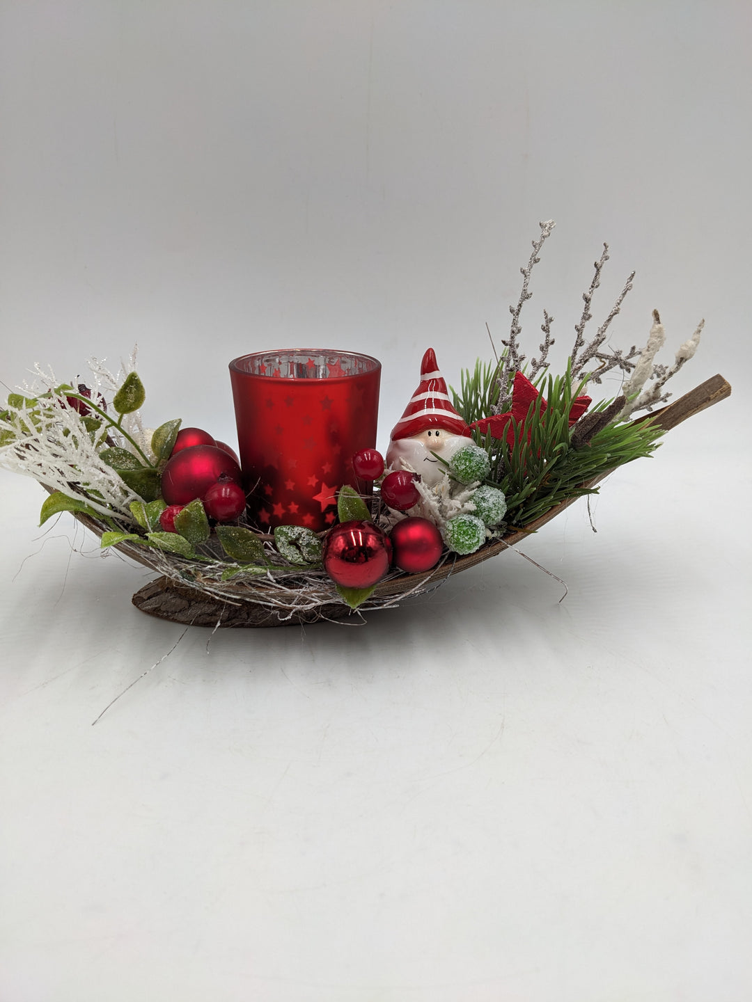 Weihnachtsgesteck Teelicht Kugel Stern rot