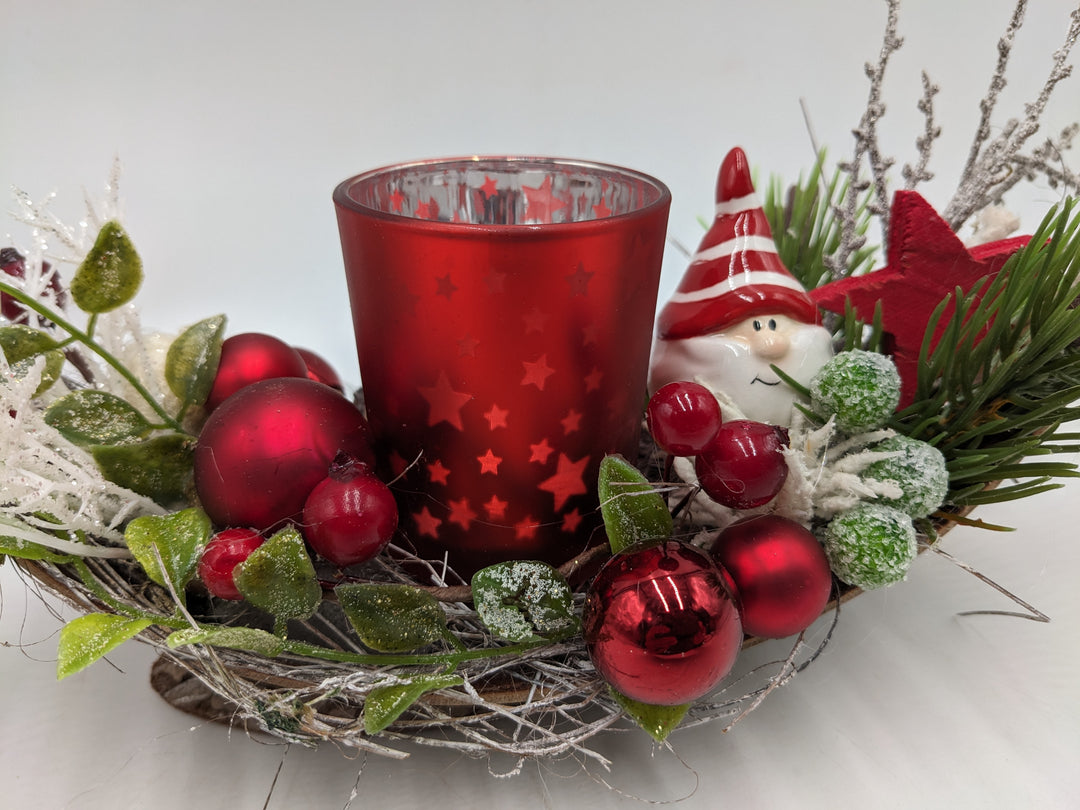 Weihnachtsgesteck Teelicht Kugel Stern rot