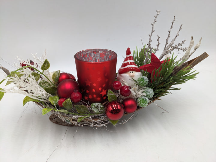 Weihnachtsgesteck Teelicht Kugel Stern rot