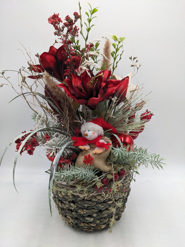 Weihnachtsgesteck Kugel Männchen Amaryllis rot