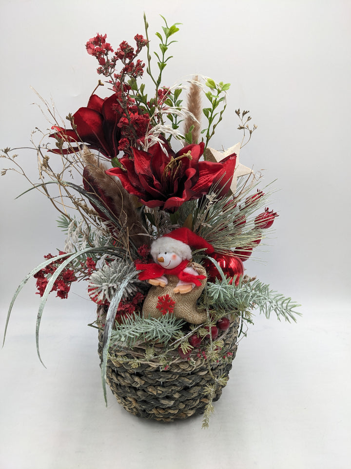 Weihnachtsgesteck Kugel Männchen Amaryllis rot