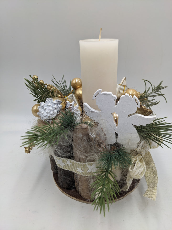 Weihnachtsgesteck Kugel Engel Geschenk creme