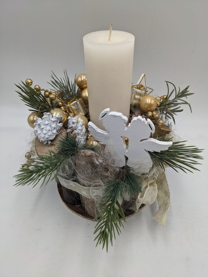 Weihnachtsgesteck Kugel Engel Geschenk creme