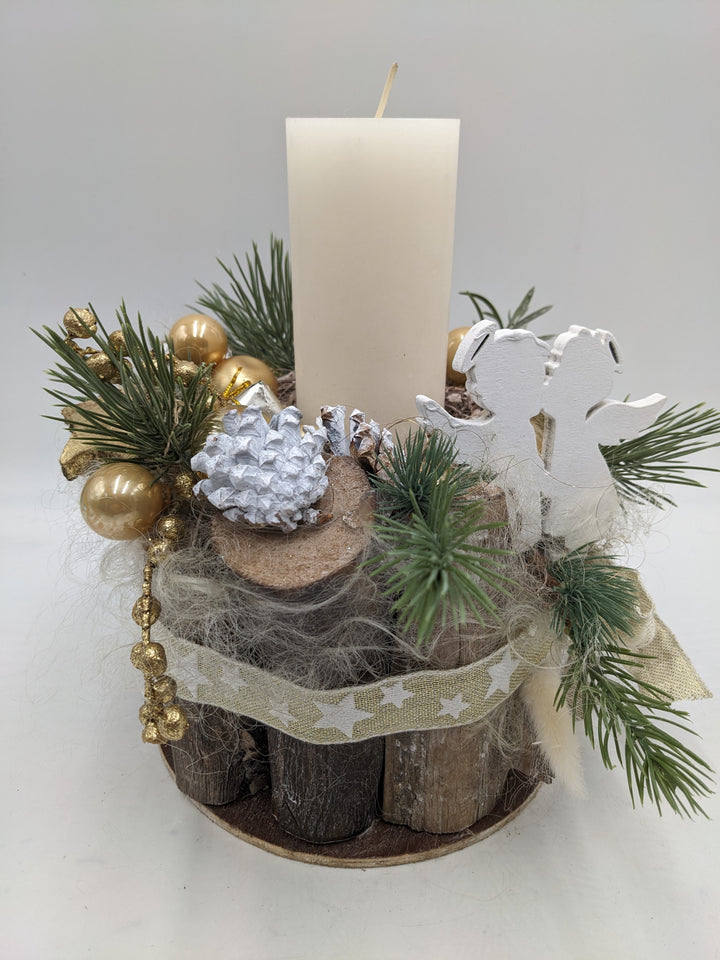 Weihnachtsgesteck Kugel Engel Geschenk creme