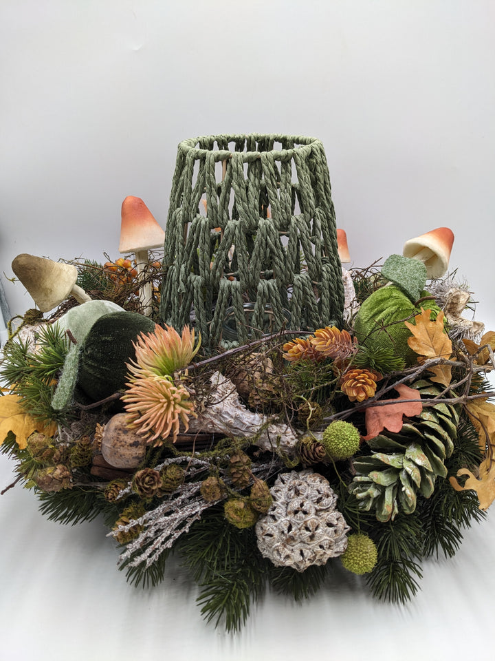 Herbstgesteck Teelicht Pilz Apfel grün
