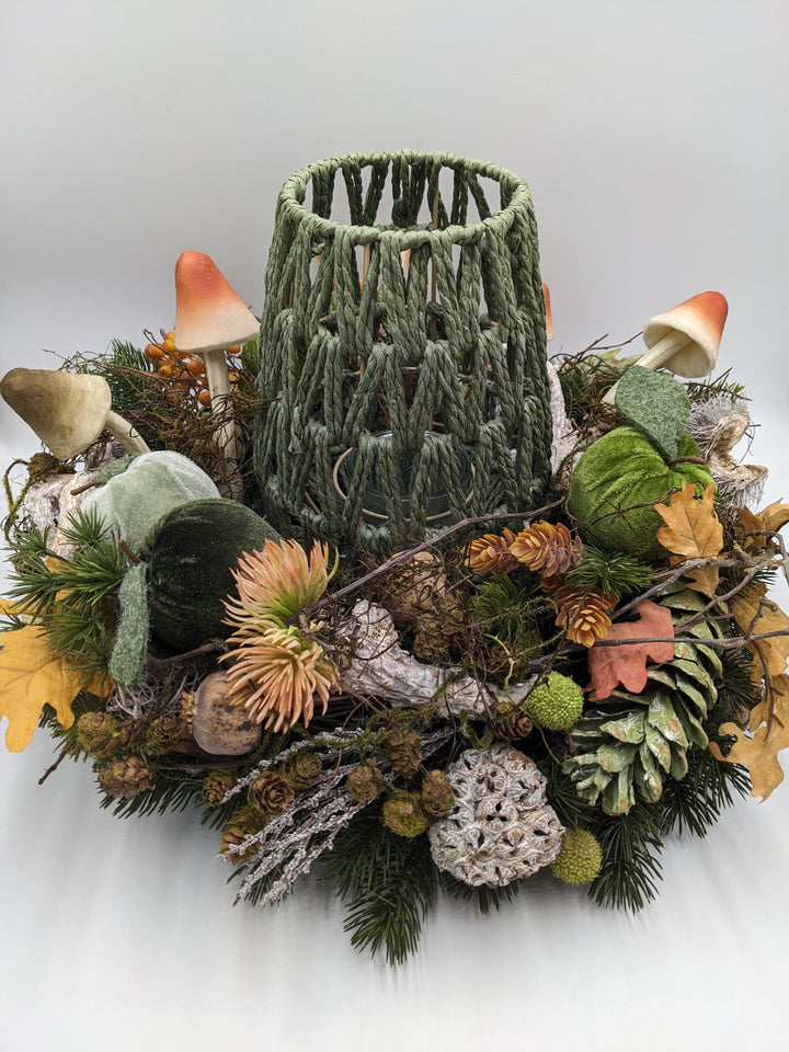 Herbstgesteck Teelicht Pilz Apfel grün
