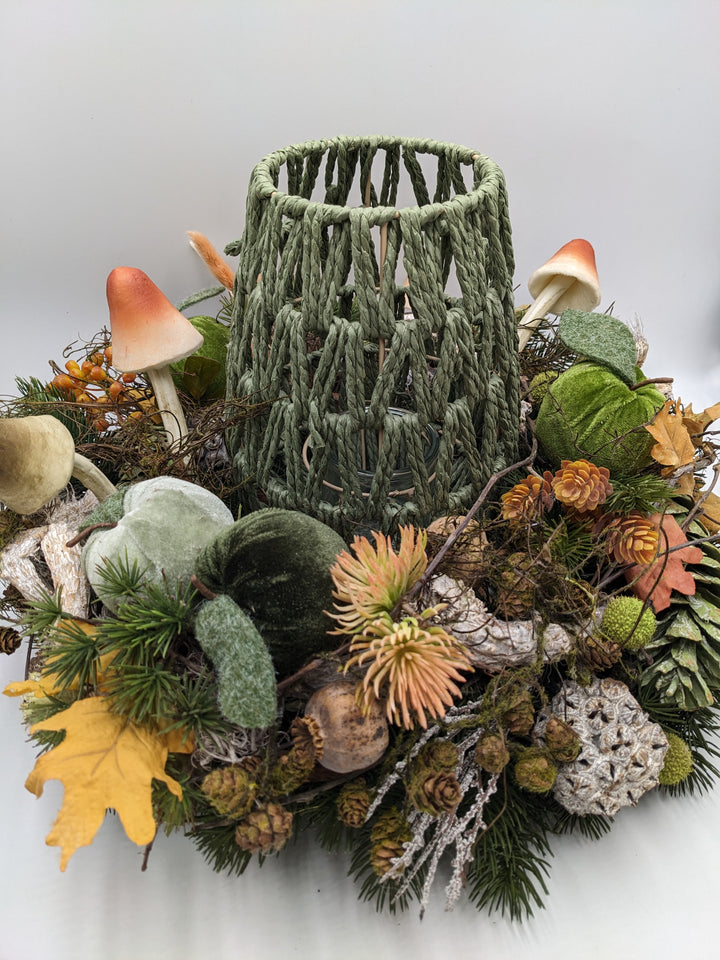 Herbstgesteck Teelicht Pilz Apfel grün