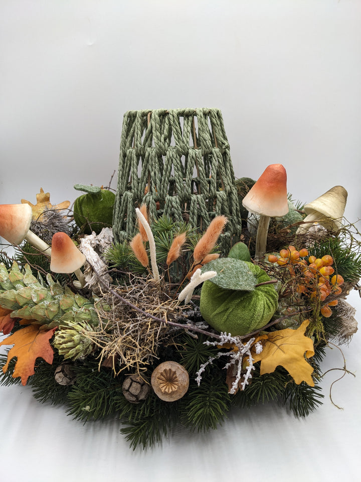 Herbstgesteck Teelicht Pilz Apfel grün