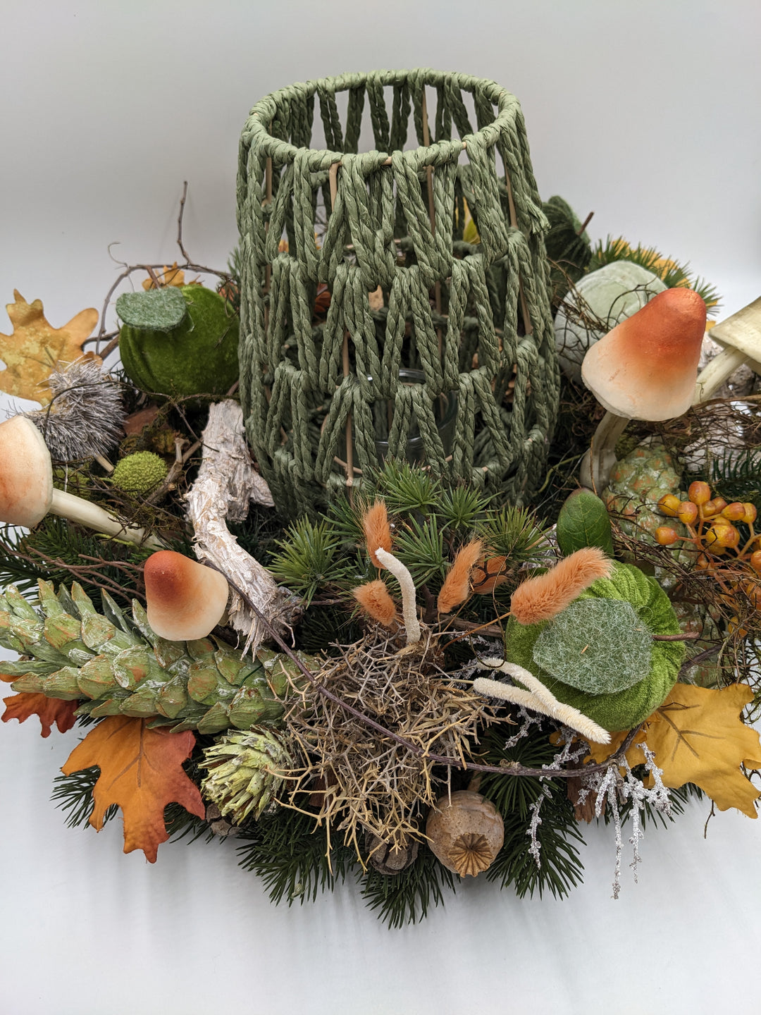 Herbstgesteck Teelicht Pilz Apfel grün