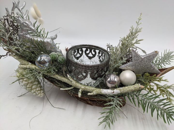 Weihnachtsgesteck Teelicht Kugel Hirsch silber