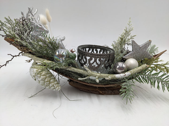 Weihnachtsgesteck Teelicht Kugel Hirsch silber