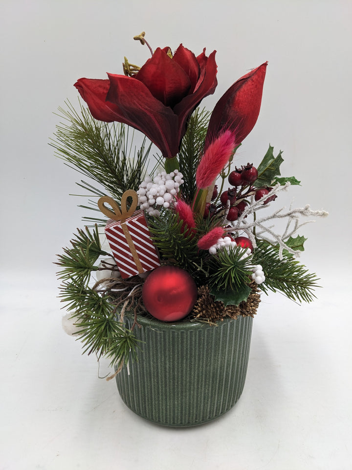 Weihnachtsgesteck Kugel Geschenk Amaryllis rot