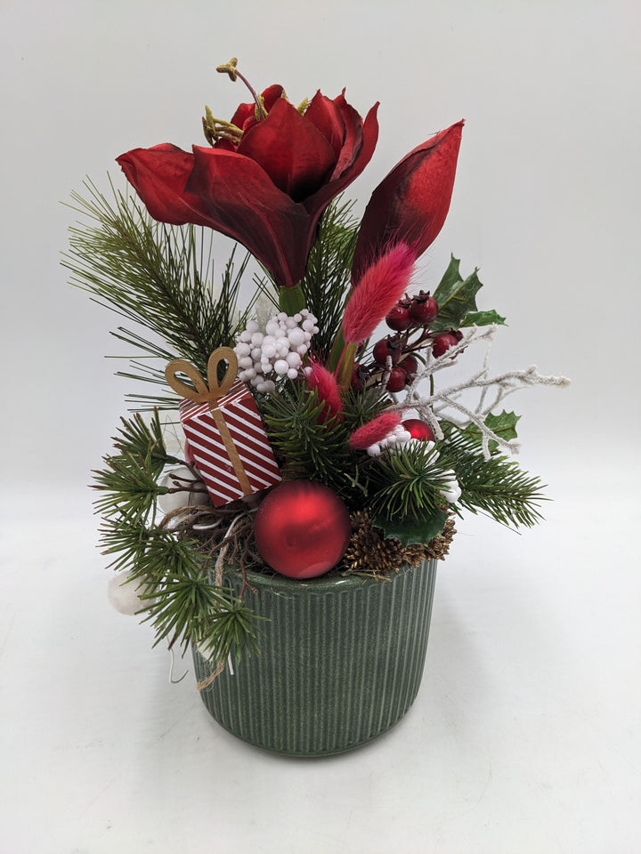 Weihnachtsgesteck Kugel Geschenk Amaryllis rot