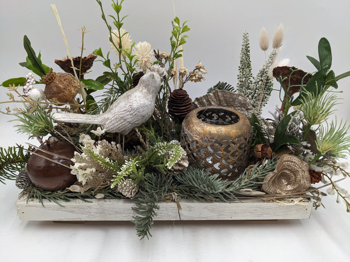 Wintergesteck Teelicht Vogel Heide gold