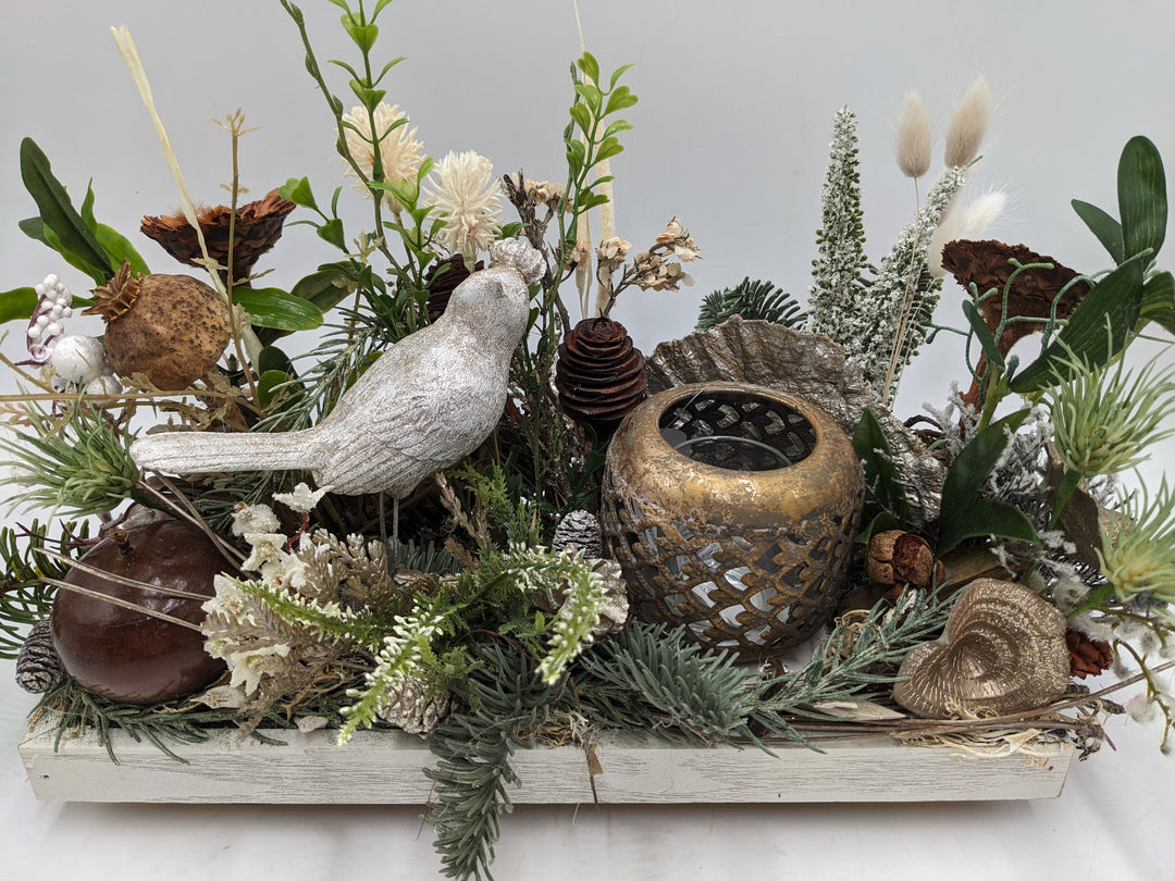 Wintergesteck Teelicht Vogel Heide gold