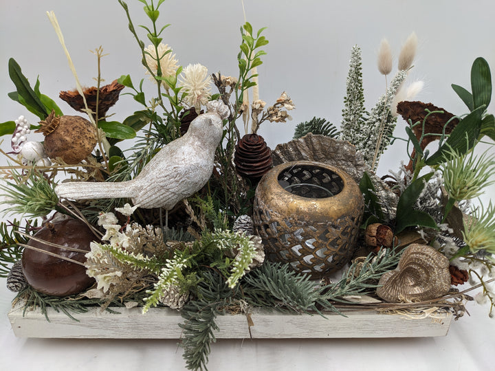 Wintergesteck Teelicht Vogel Heide gold