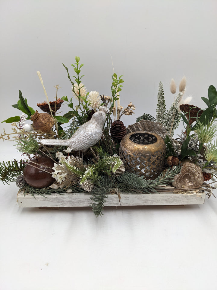 Wintergesteck Teelicht Vogel Heide gold