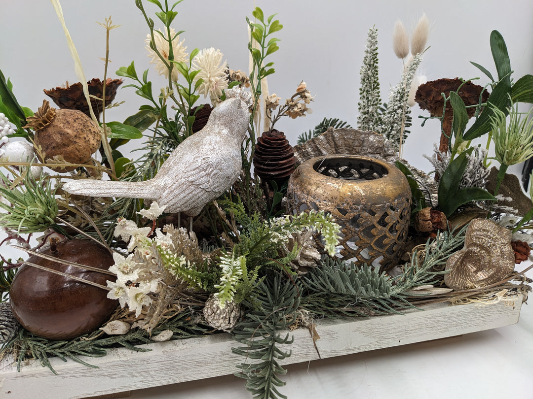 Wintergesteck Teelicht Vogel Heide gold