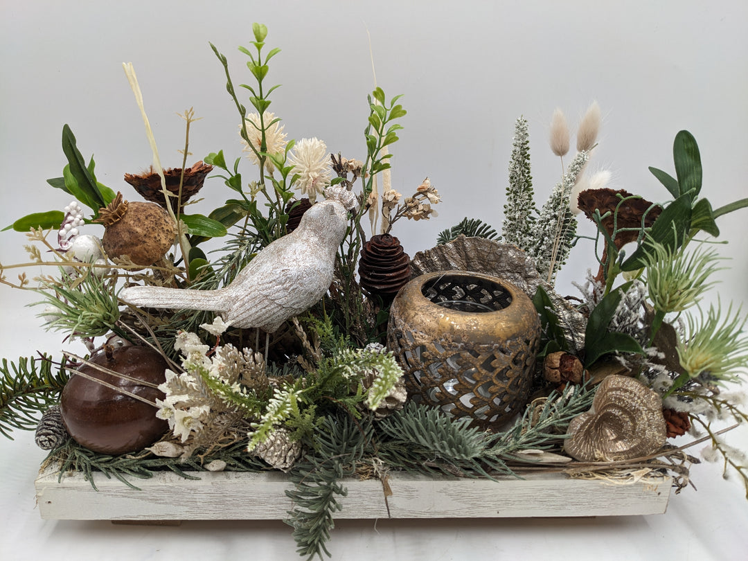 Wintergesteck Teelicht Vogel Heide gold