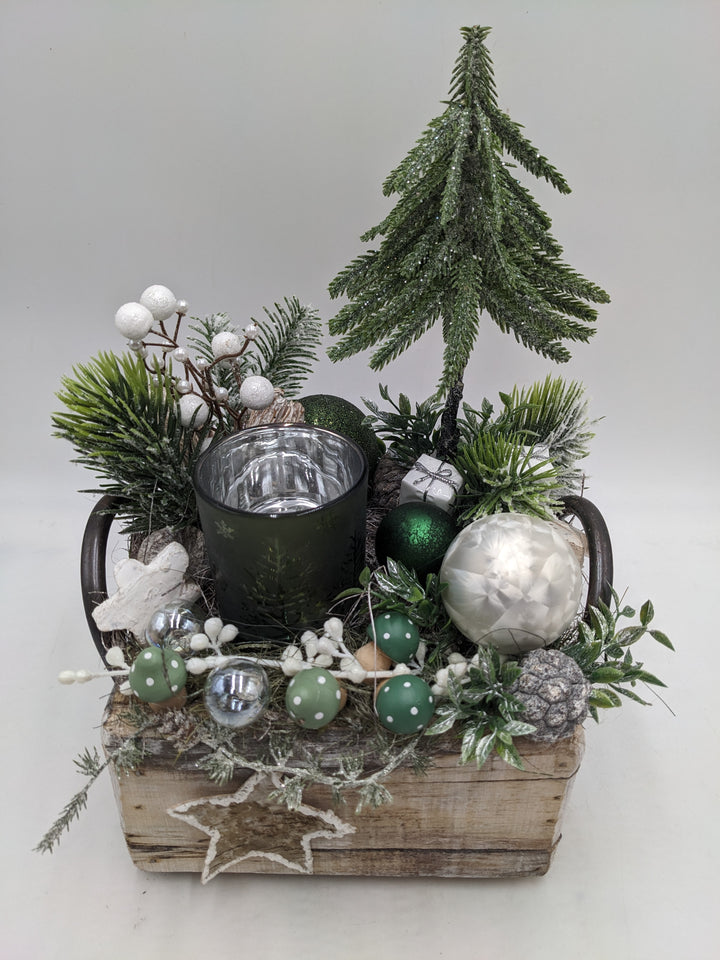 Weihnachtsgesteck Kugel Teelicht Stern grün
