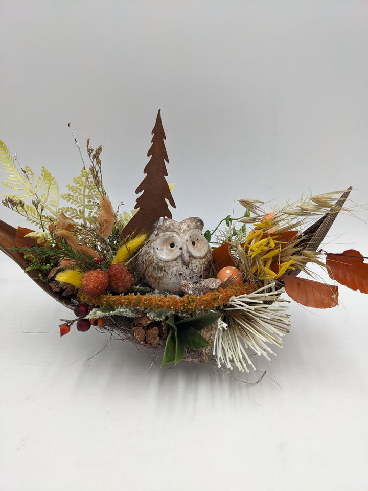 Herbstgesteck Eule Rosttanne orange
