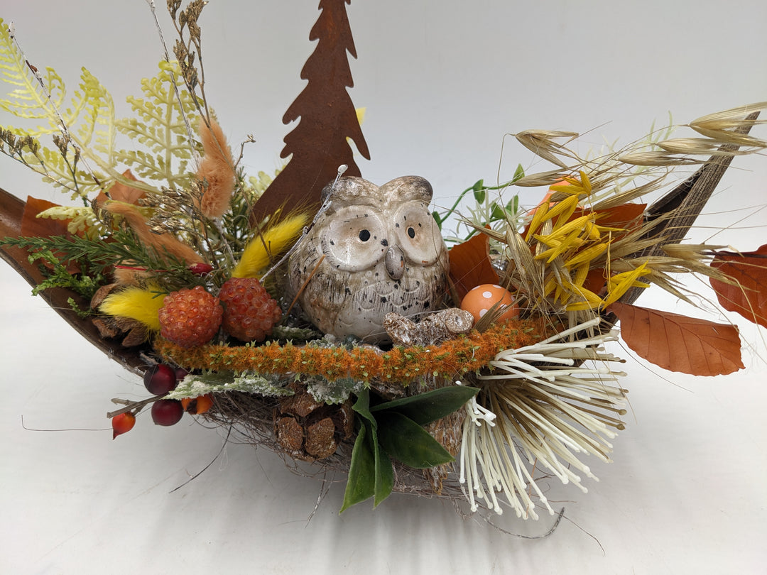 Herbstgesteck Eule Rosttanne orange