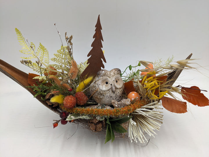 Herbstgesteck Eule Rosttanne orange