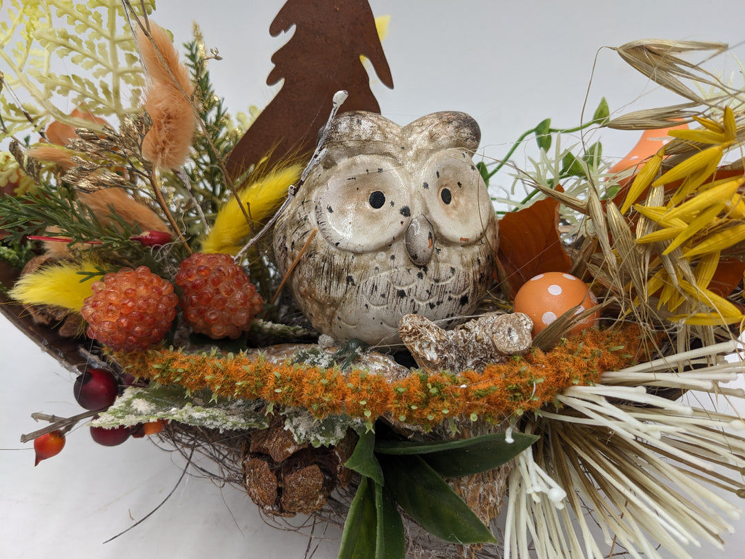 Herbstgesteck Eule Rosttanne orange