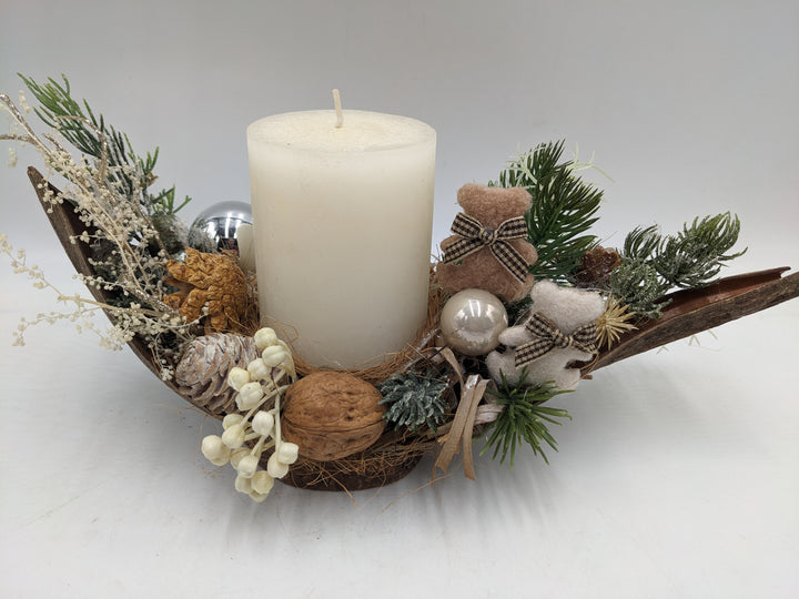 Weihnachtsgesteck Kugel Zapfen Teddy creme