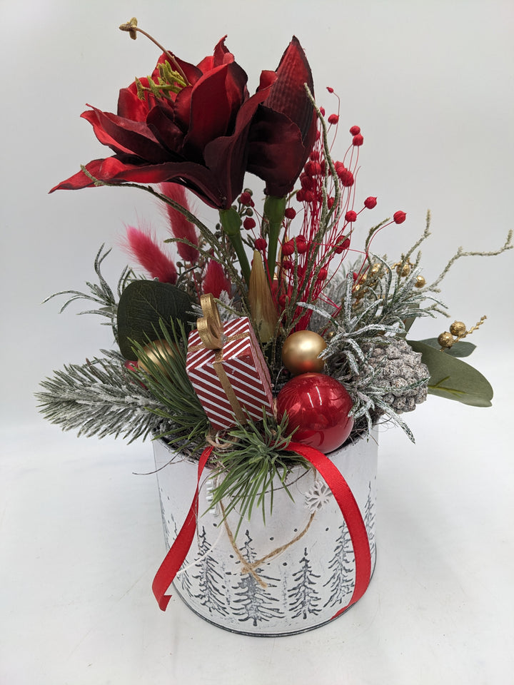 Weihnachtsgesteck Kugel Geschenk Amaryllis rot