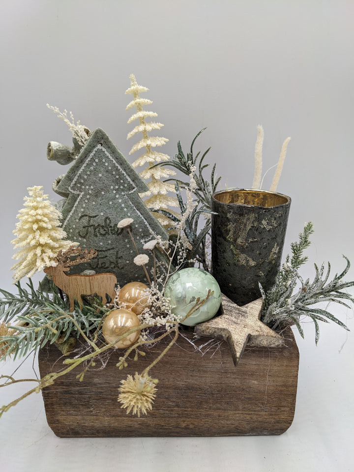 Weihnachtsgesteck Frohes Fest Kugel Teelicht Stern creme