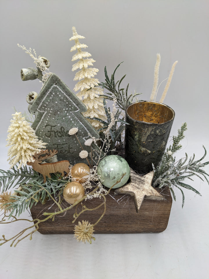 Weihnachtsgesteck Frohes Fest Kugel Teelicht Stern creme