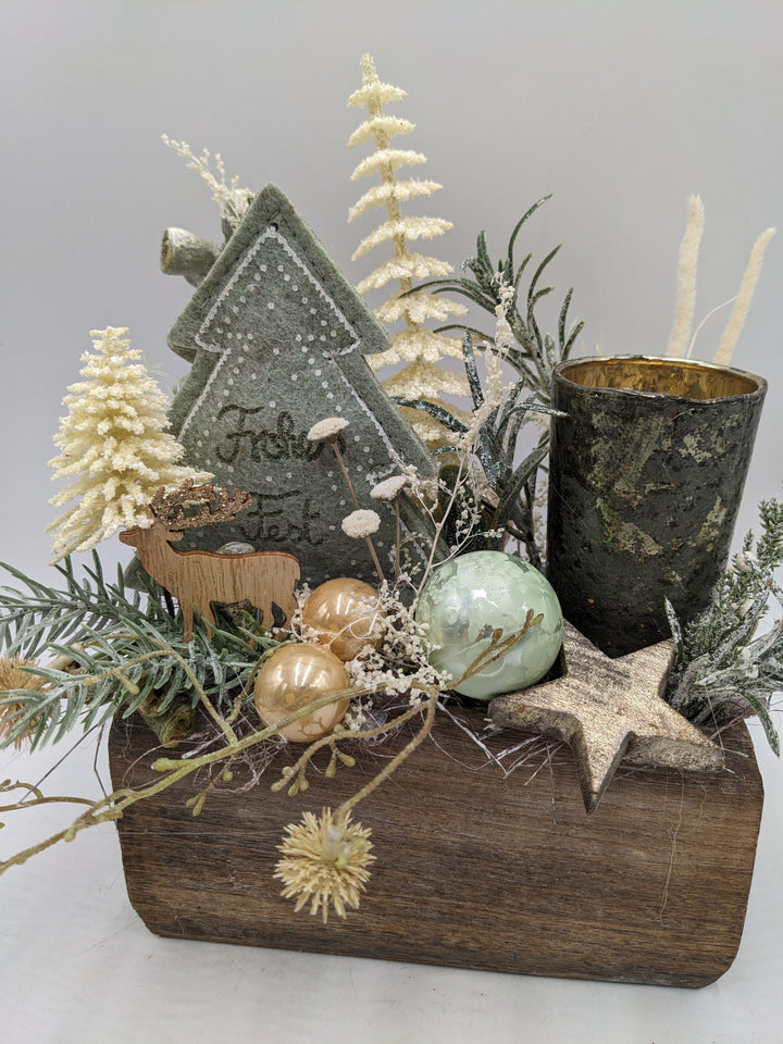 Weihnachtsgesteck Frohes Fest Kugel Teelicht Stern creme