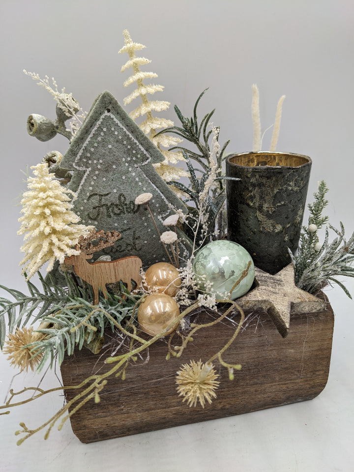 Weihnachtsgesteck Frohes Fest Kugel Teelicht Stern creme