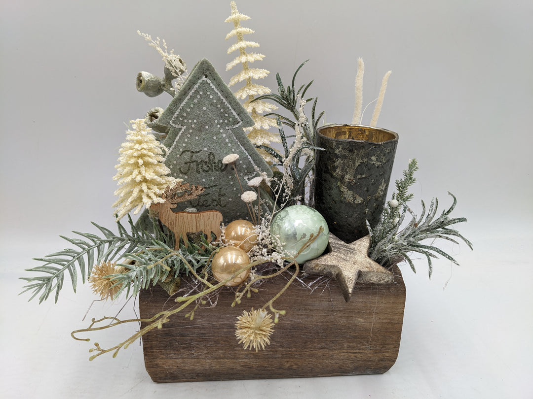 Weihnachtsgesteck Frohes Fest Kugel Teelicht Stern creme