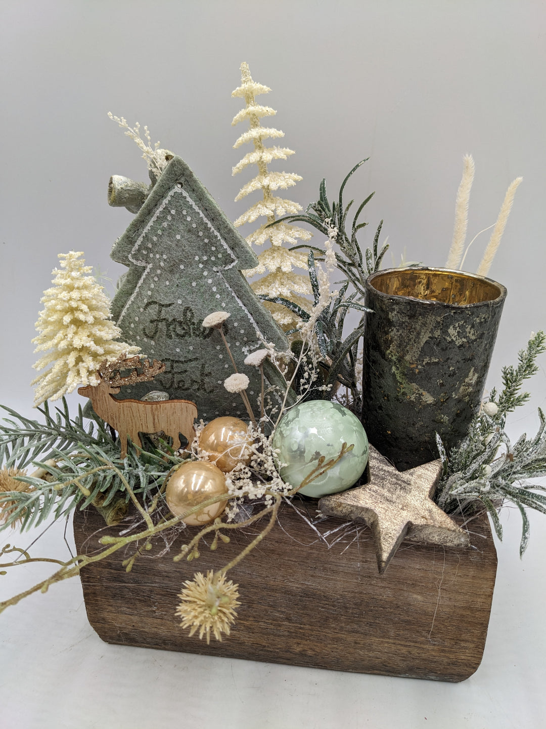 Weihnachtsgesteck Frohes Fest Kugel Teelicht Stern creme