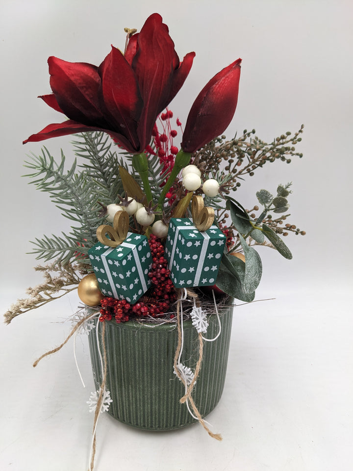 Weihnachtsgesteck Kugel Geschenk Amaryllis rot