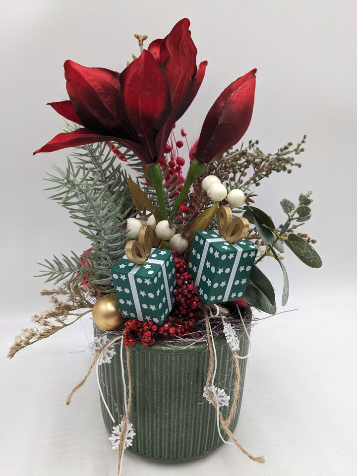Weihnachtsgesteck Kugel Geschenk Amaryllis rot
