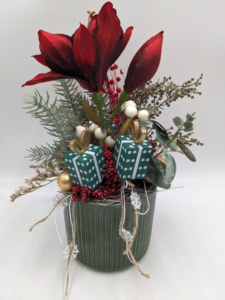 Weihnachtsgesteck Kugel Geschenk Amaryllis rot